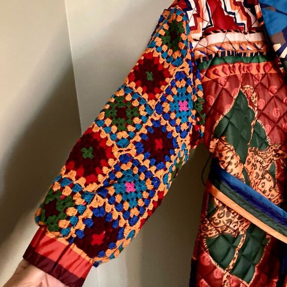 NEW FARM Rio Patchwork Tapestry Crochet Puffer Jacket Tropical Tie Belt Size XL - Picture 11 of 16
